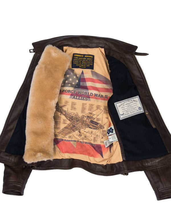 Brown leather jacket with a collar.