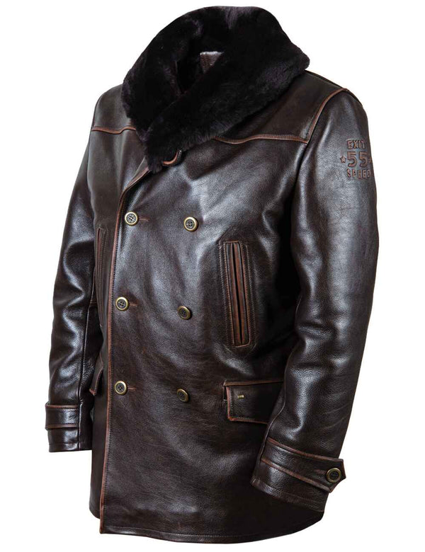Men's brown leather coat.