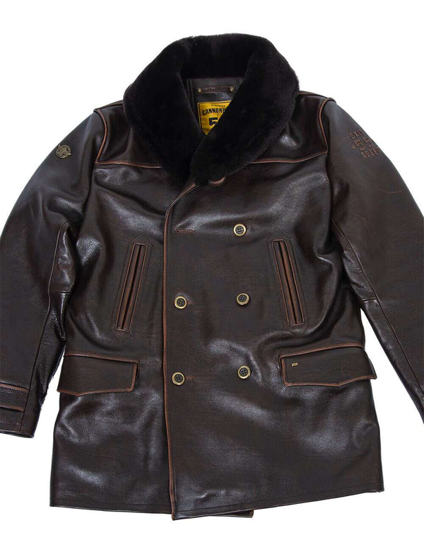 Long brown leather men's jacket with buttons and fur collar.
