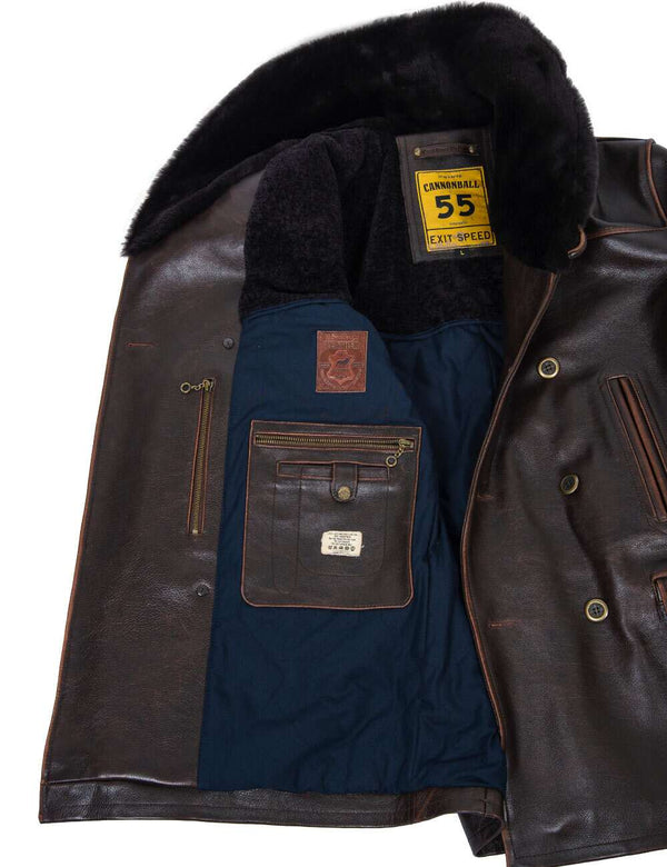 Men's brown leather jacket with fur collar unbuttoned, revealing dark blue lining and inner pockets.
