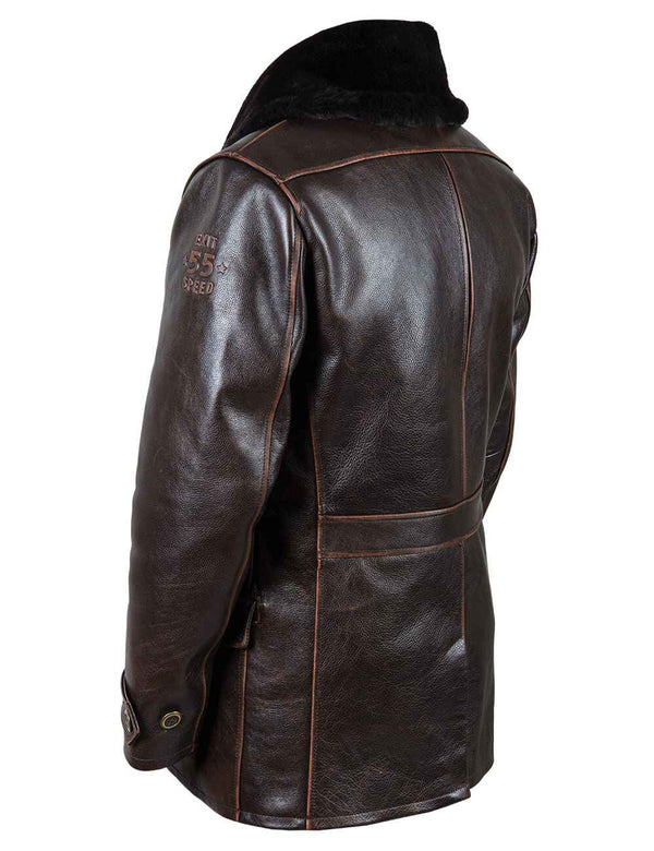 Men's brown leather jacket with fur collar long, back view.