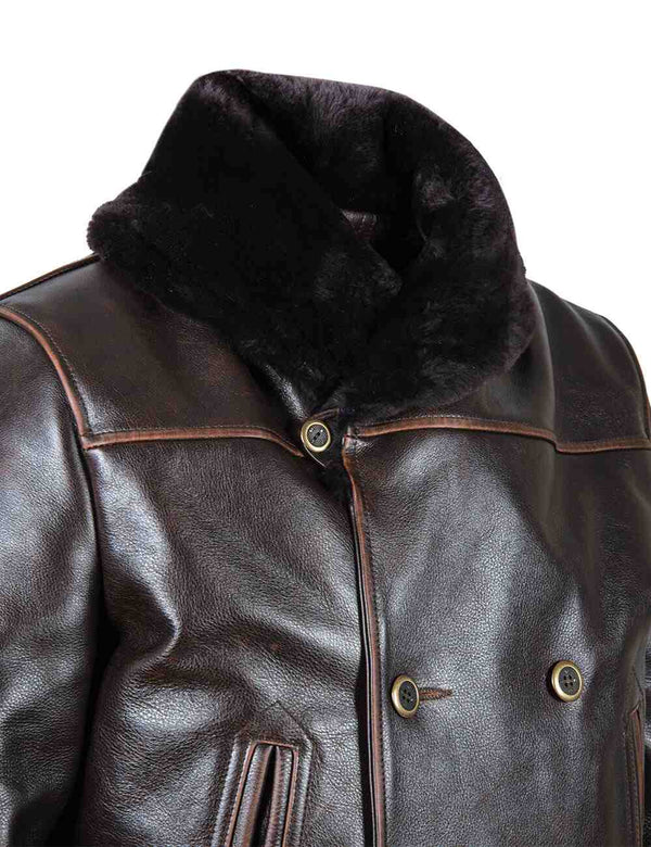 Fur collar on brown leather men's jacket with buttons.