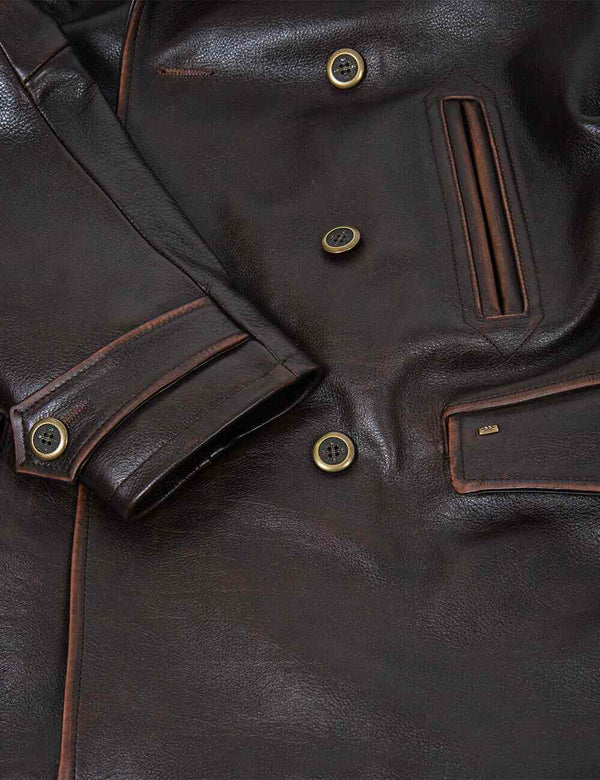 Sleeve and pockets of a brown leather men's jacket with buttons.