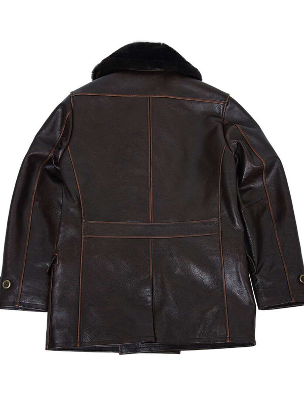 Long brown leather men's jacket with fur collar, back view.