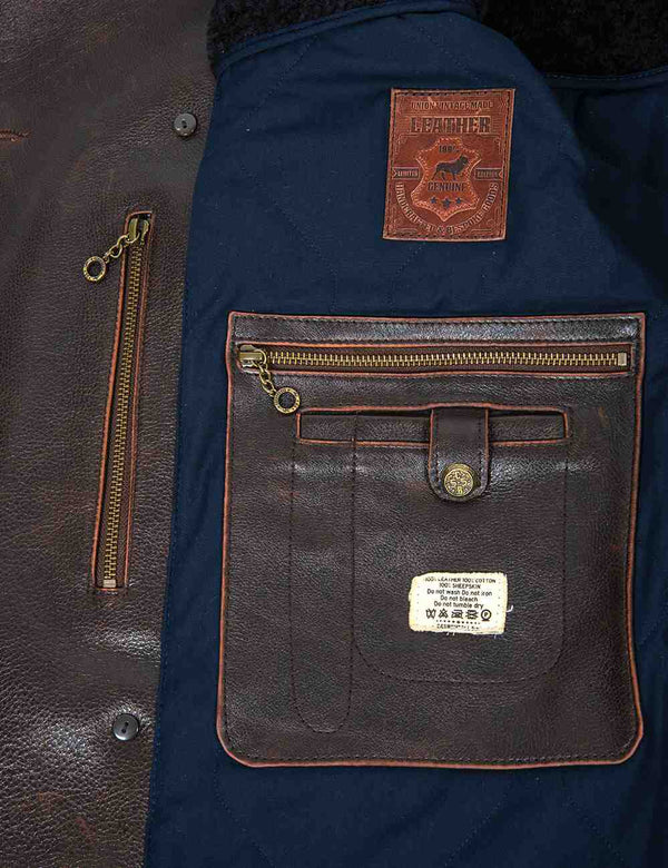 Inside pockets of men's brown leather jacket.