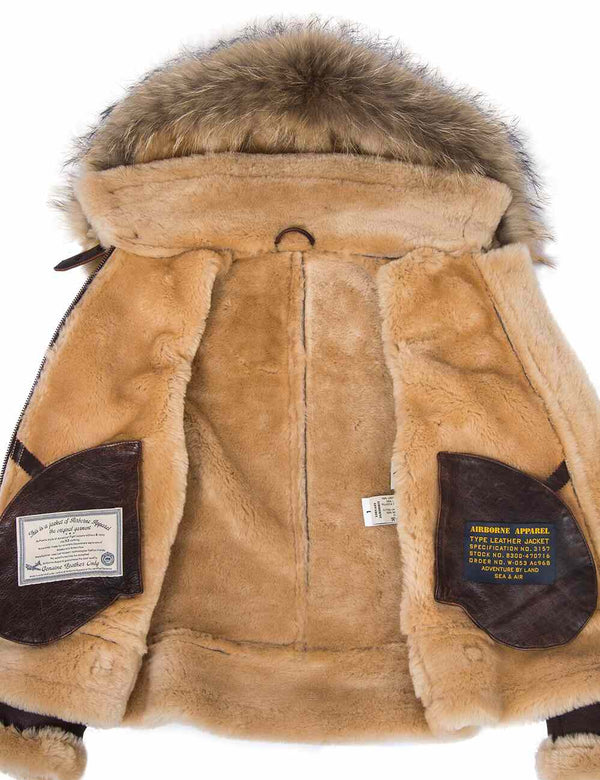 Women's sheepskin jacket with hood.