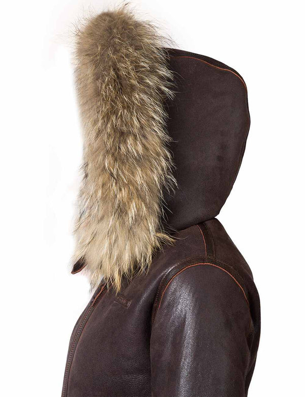 Raised hood of women's sheepskin coat.