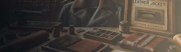 Vintage-style photograph of leather and fur samples, a leather balm tin, and packaging on a rustic wooden table.