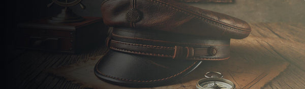 Vintage brown leather captain’s cap with intricate stitching, a decorative emblem, and a strap detail, set on a rustic wooden surface with a compass and nautical-themed elements.