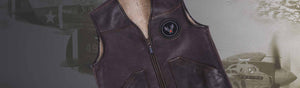 Vintage sheepskin leather vest with shearling lining, aviation patch, and a rugged military-inspired design against a WWII aircraft backdrop.