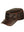 Men's brown leather flat top cap with metal badge, slight twist.