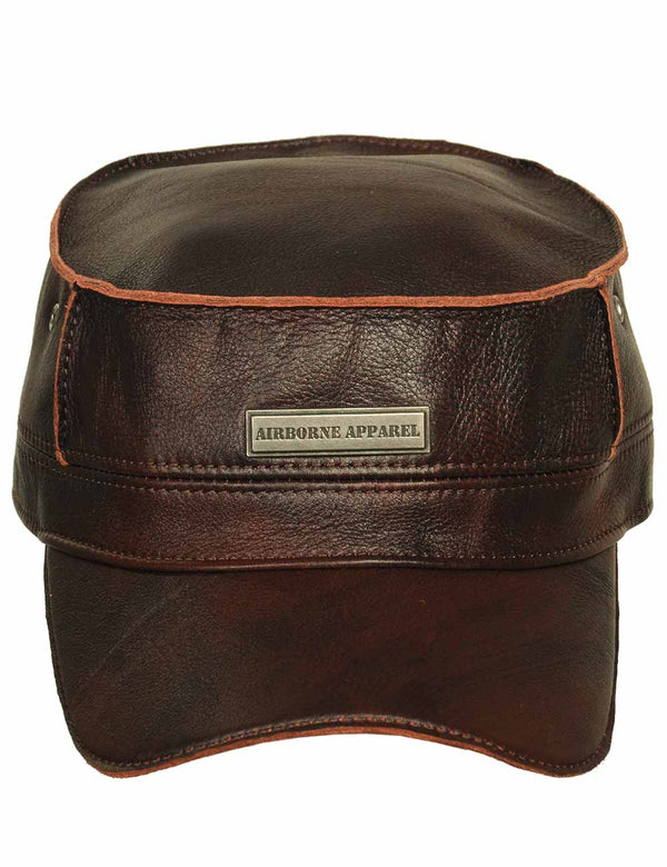 Men's brown leather flat top cap with metal badge featuring the brand logo.