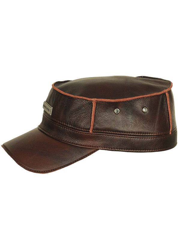 Men's brown leather flat top cap side view.