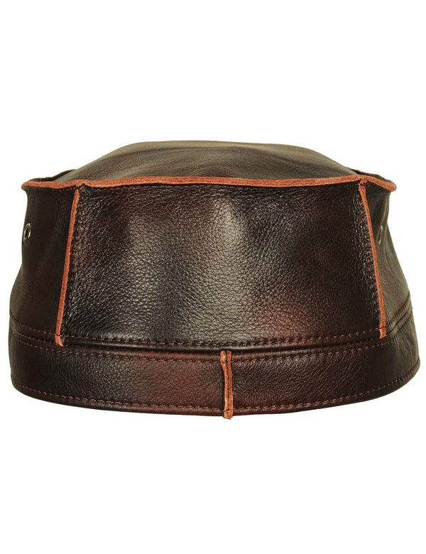 Men's brown leather flat top cap back view.