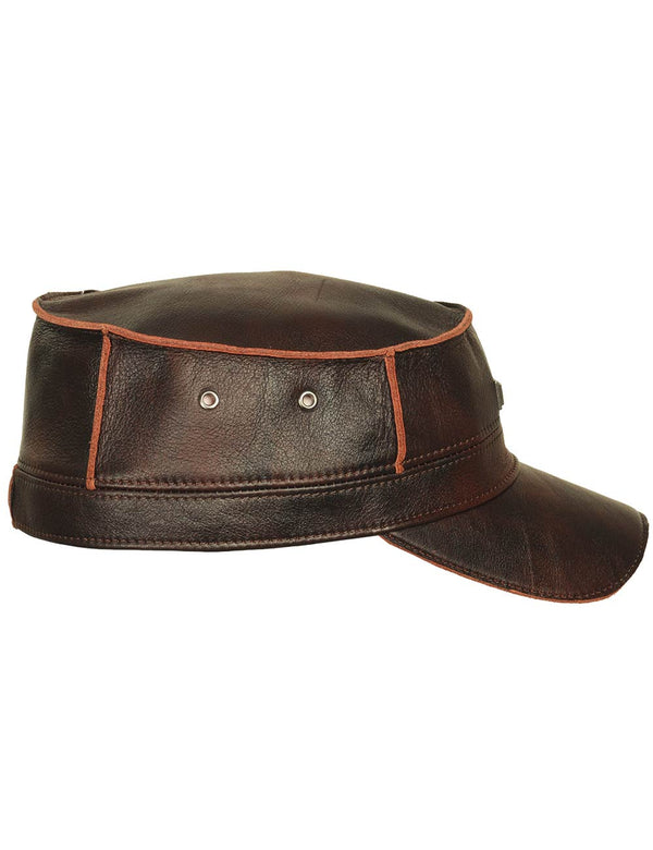 Men's brown leather flat top cap side view.