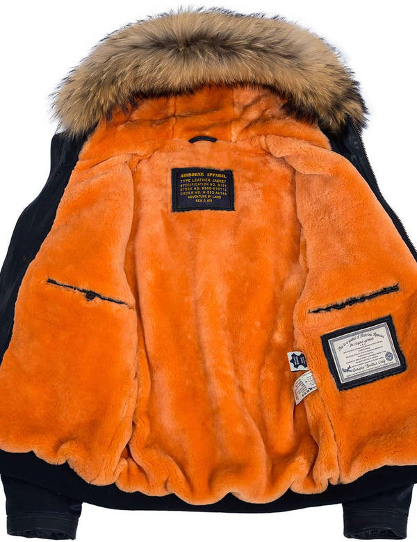 Men's dark blue jacket with a hood trimmed with raccoon fur, unbuttoned, an orange fur lining and internal pockets are visible.