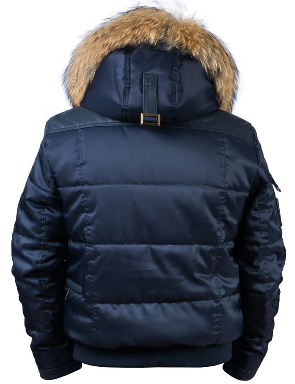 Men's dark blue jacket with raccoon fur trimmed hood, back view.