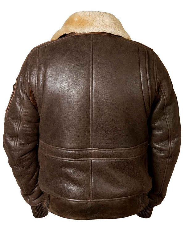 Back of a men's brown sheepskin jacket.