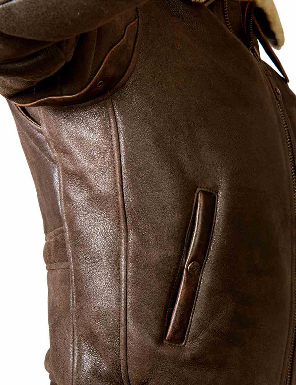 Side view of men's sheepskin coat.