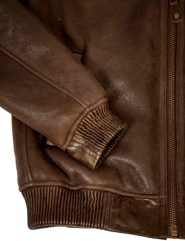 Part of a men's brown sheepskin jacket.