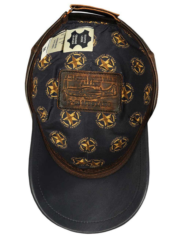 Men's Brown Leather Cap with Patch, Inside View