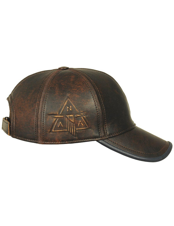 Mens Vintage Style Brown Leather Cap With Embossing Side View