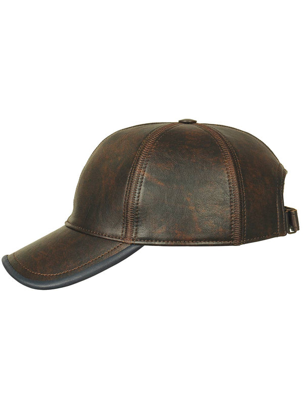 Mens Vintage Style Brown Leather Cap Side View