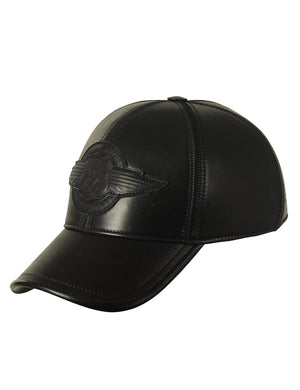 Men's black leather cap with patch, slightly side view.