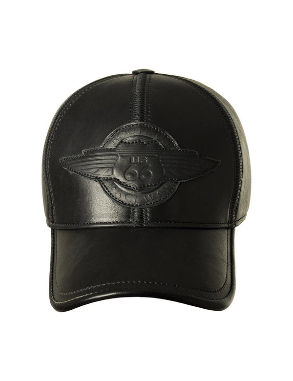 Men's black leather cap with patch.