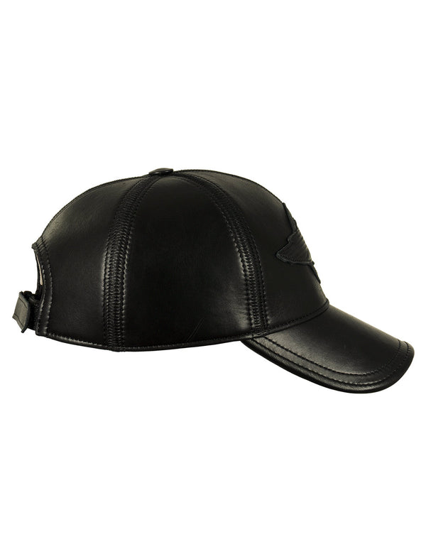 Men's black leather cap, side view.