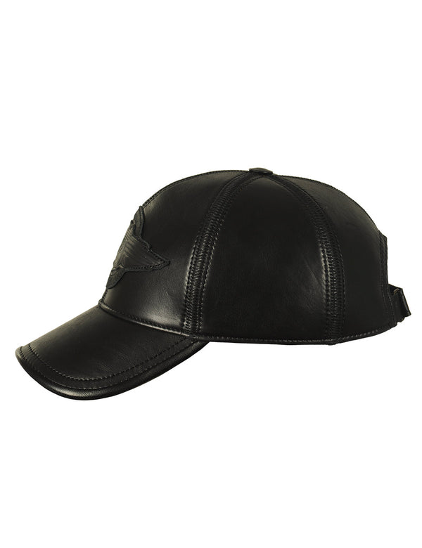 Men's black leather cap, side view.