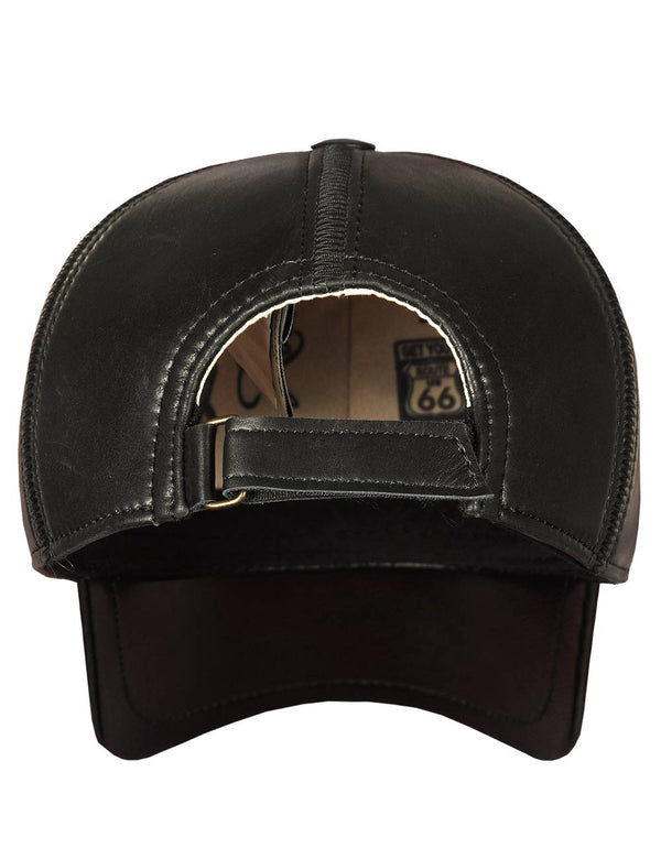 Men's black leather cap, back view.