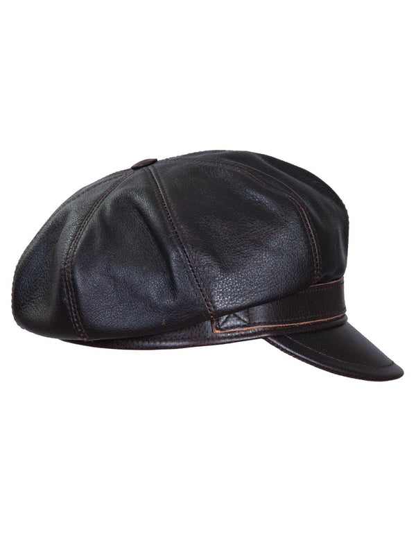 Men's brown leather captain's cap with strap, side view.