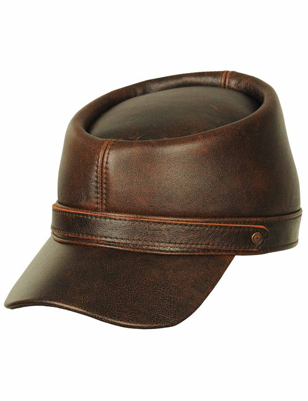 Men's Brown Leather Flat Top Cap With Slight Twist