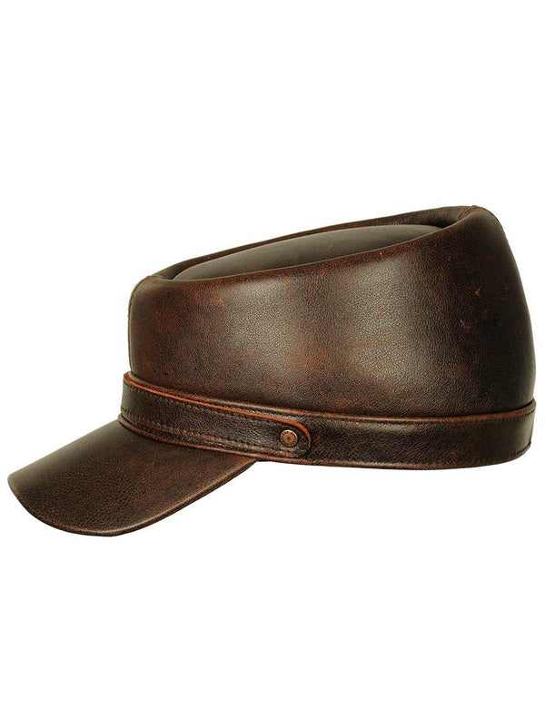 Mens Brown Leather Flat Top Cap Side View