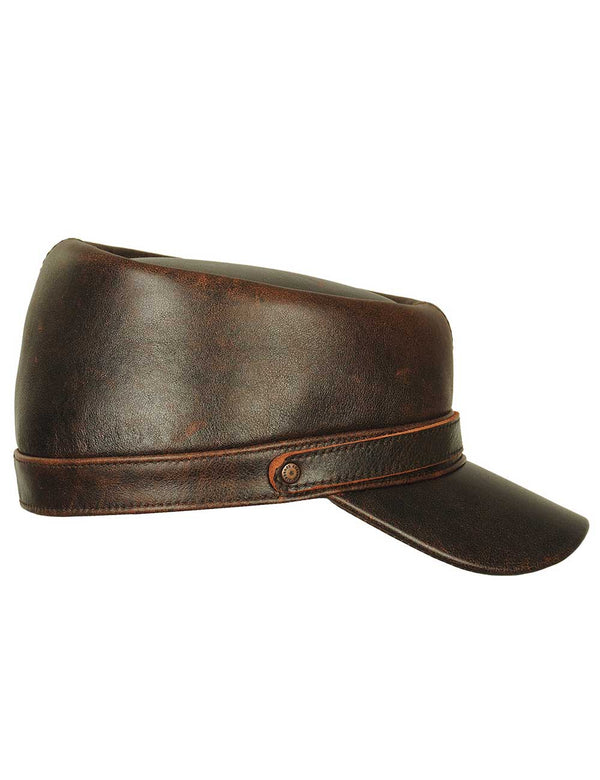 Mens Brown Leather Flat Top Cap side view