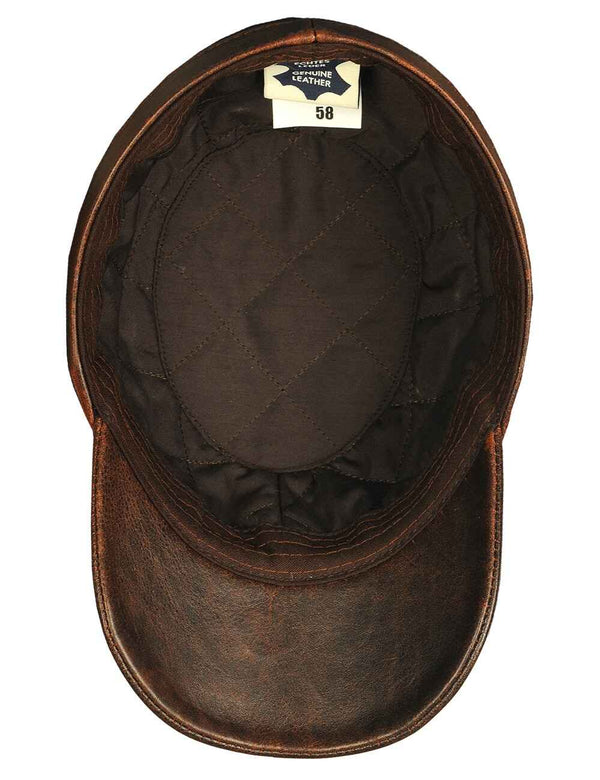 Mens Brown Leather Flat Top Cap Inside View