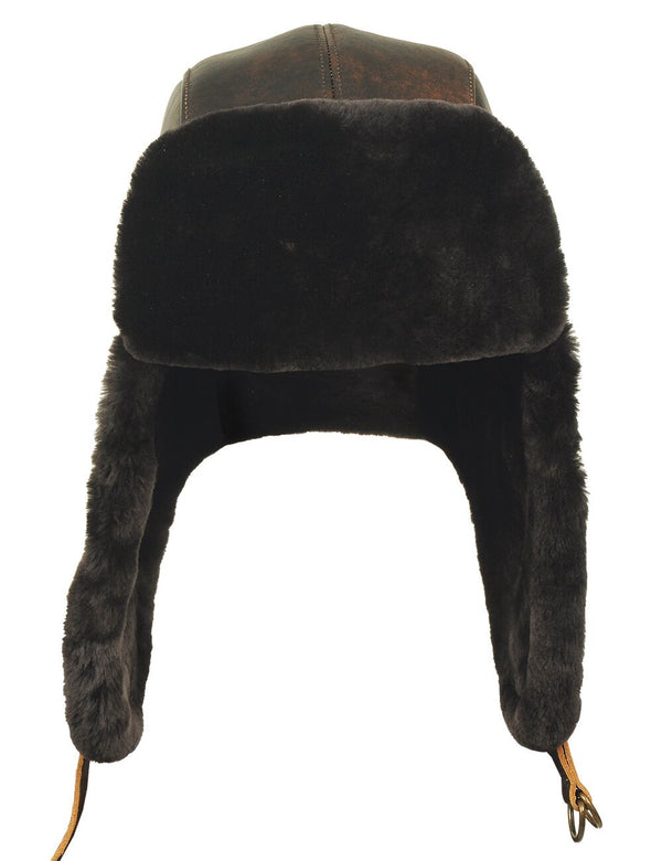 Men's brown trapper hat with leather top and sheepskin lining front view