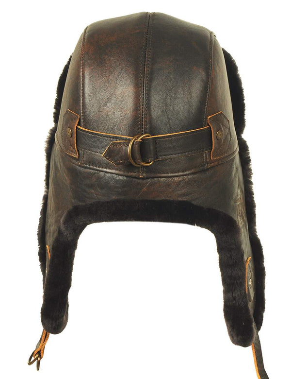 Men's brown trapper hat with leather top and sheepskin lining back view