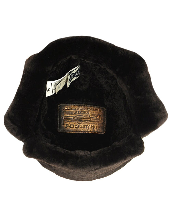 Men's winter brown sheepskin trapper hat with a patch, inside view