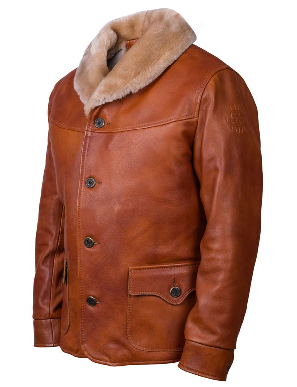 Men's light brown leather jacket.