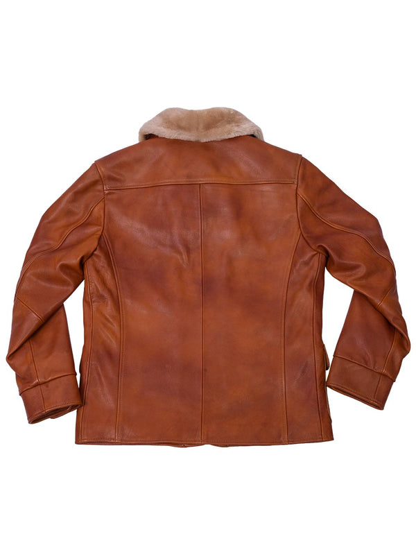 Men's light brown leather jacket with fur collar, back view.