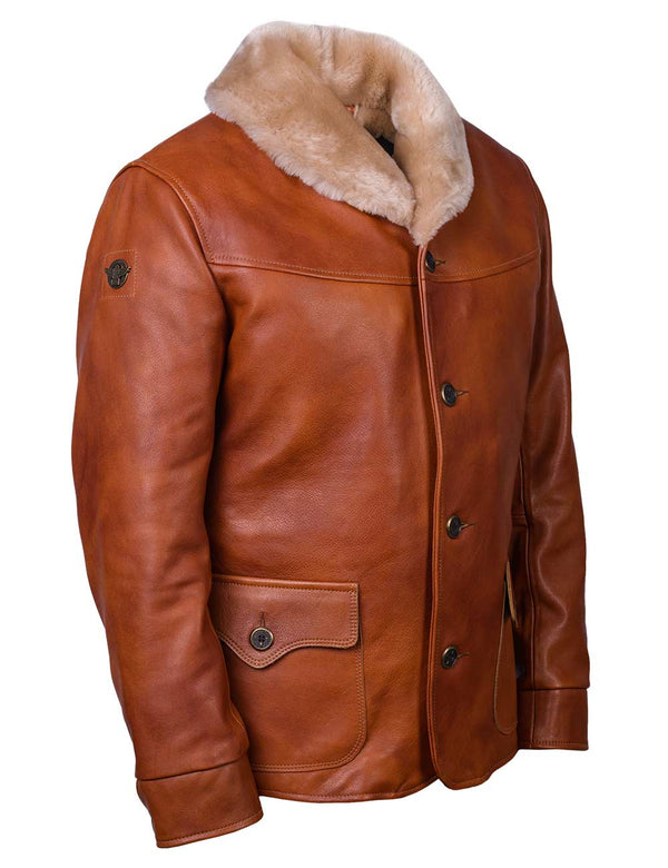 Men's light brown leather jacket.