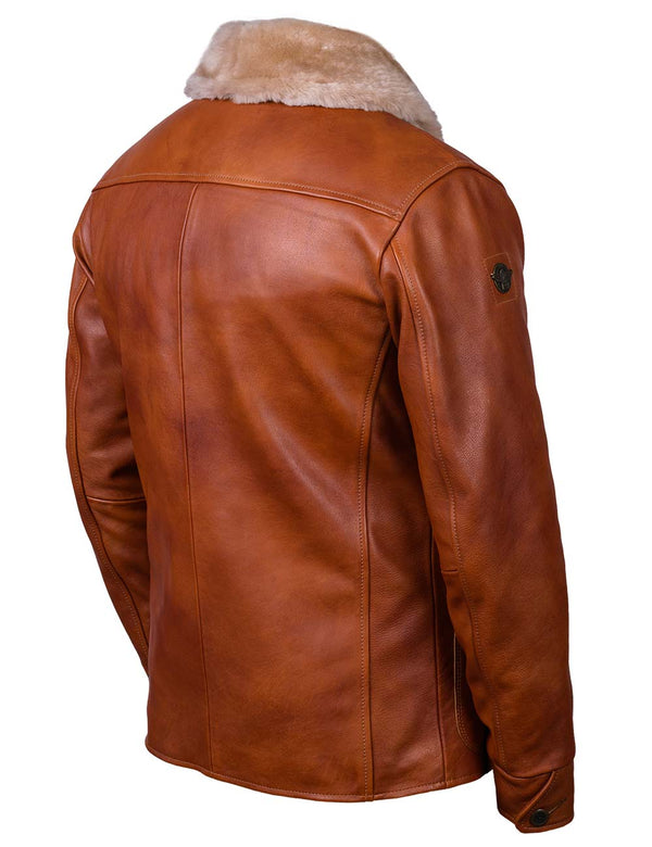 Men's light brown leather jacket with fur collar, back view.