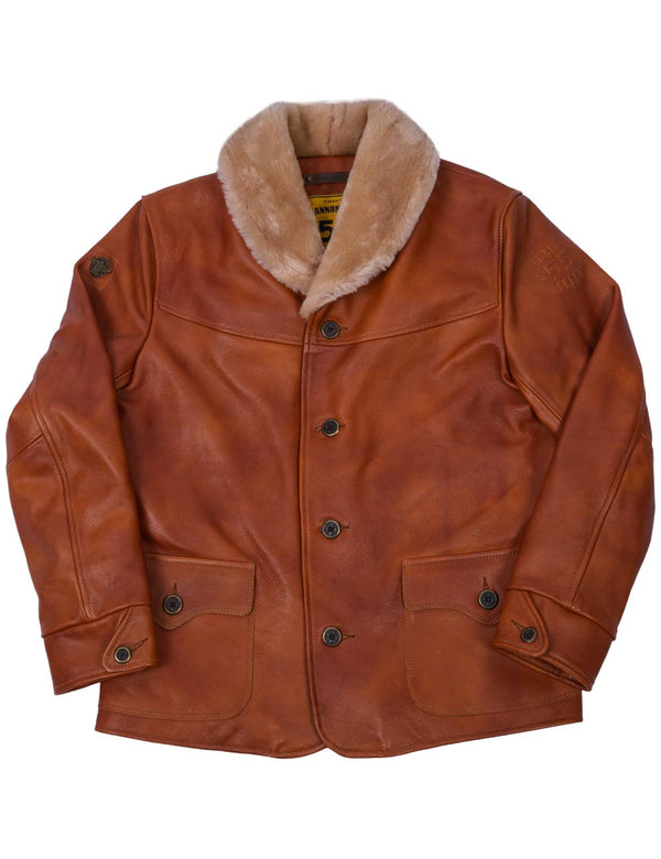 Men's light brown leather jacket with fur collar and buttons.