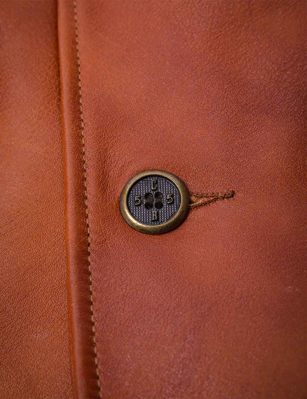 Branded button on a brown men's leather jacket.