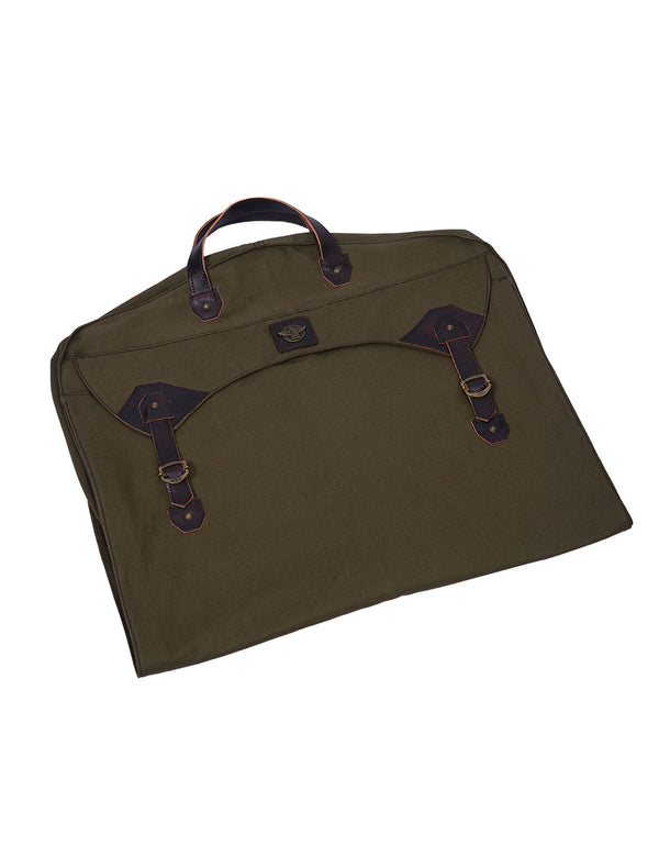 Olive green garment bag folded.