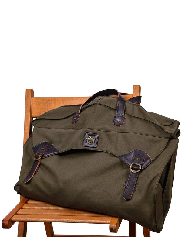 Olive green garment bag, folded.