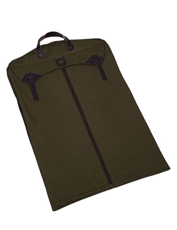 Olive green garment bag lying flat with a central zipper and dark brown leather accents.