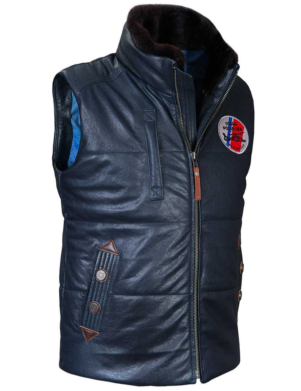 Men's dark blue leather vest with a fur stand-up collar and a round patch on the chest, slightly side view.